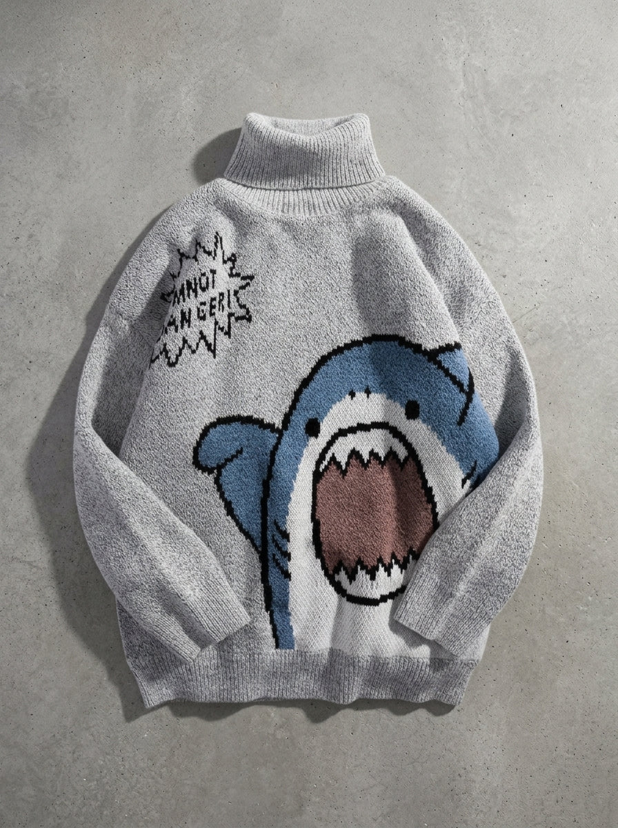 Oversized Shark Knit Turtleneck Sweater in Turtleneck Gray