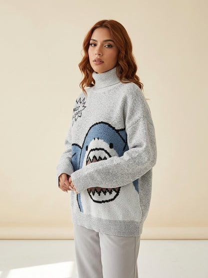 Oversized Shark Knit Turtleneck Sweater in Turtleneck Gray, worn