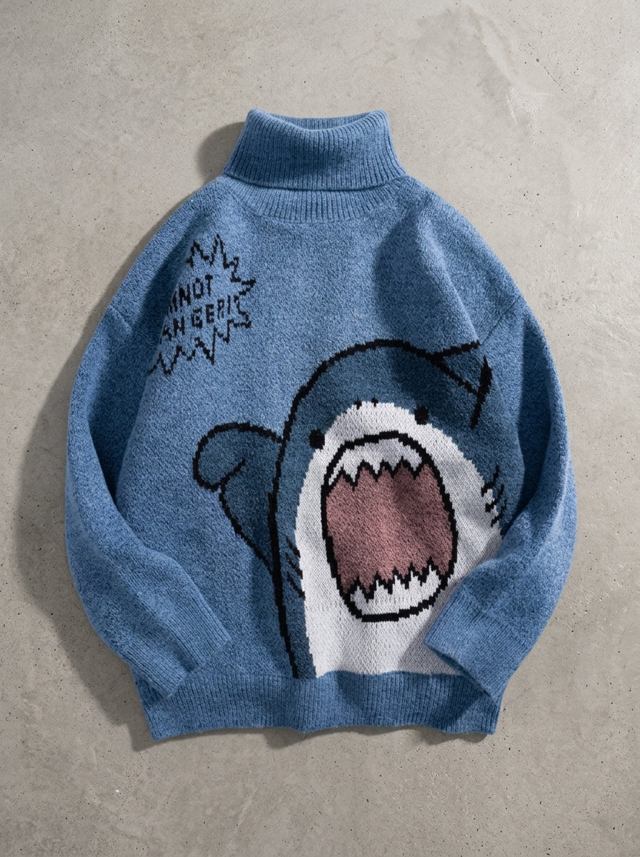 Oversized Shark Knit Turtleneck Sweater in Turtleneck Blue