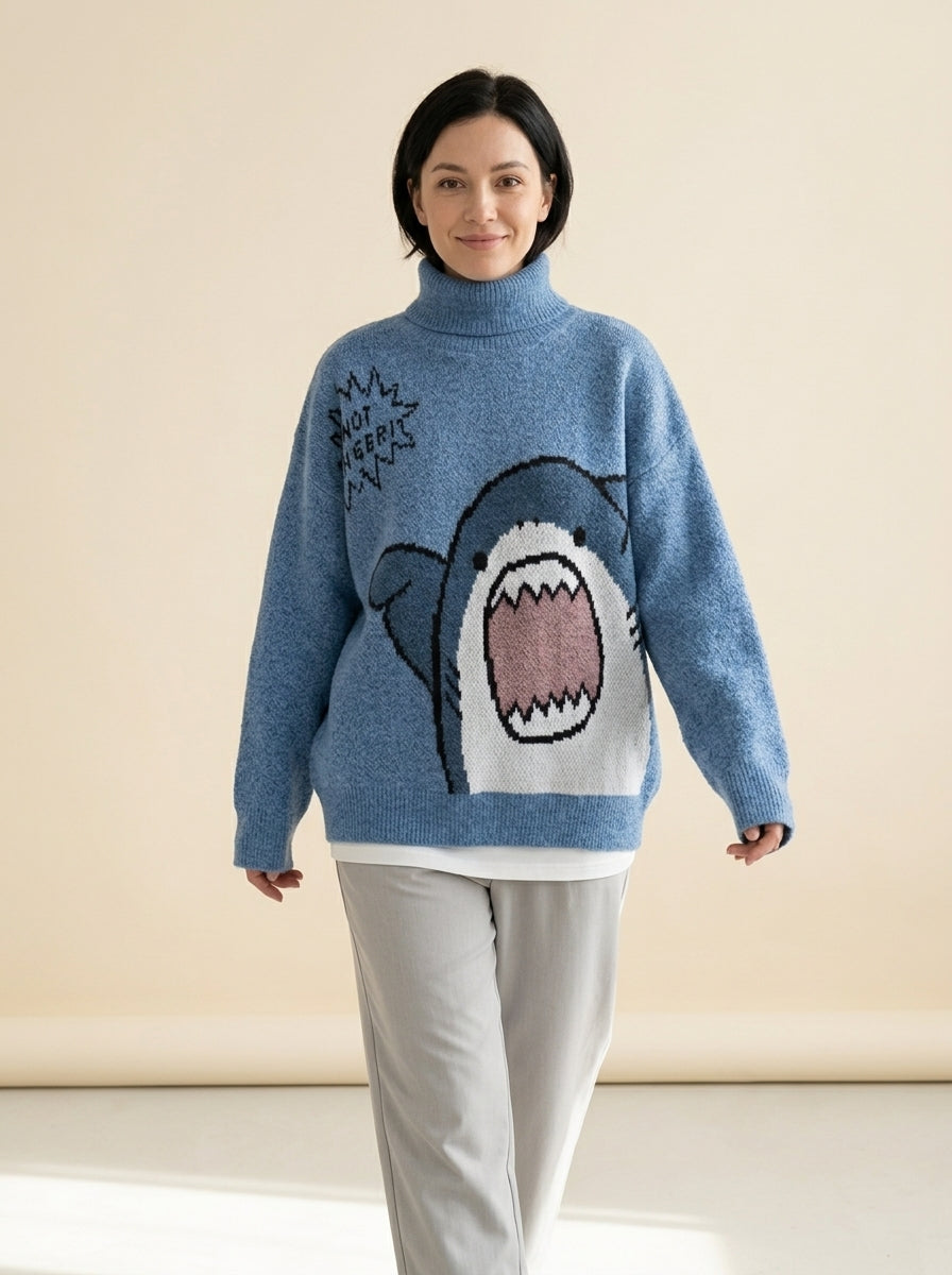 Oversized Shark Knit Turtleneck Sweater in Turtleneck Blue, worn