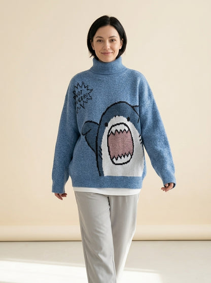 Oversized Shark Knit Turtleneck Sweater in Turtleneck Blue, worn