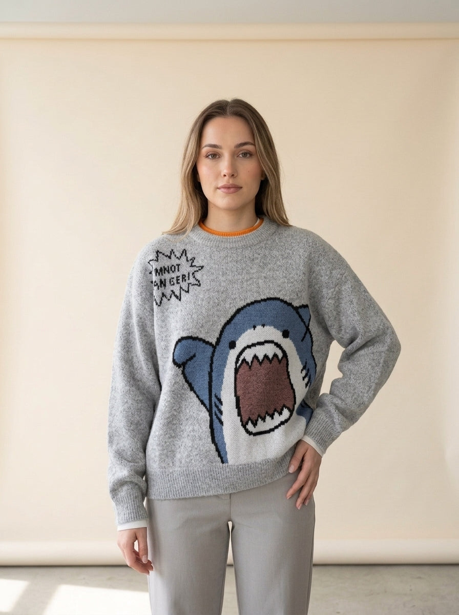 Oversized Shark Knit Turtleneck Sweater in GRAY, worn