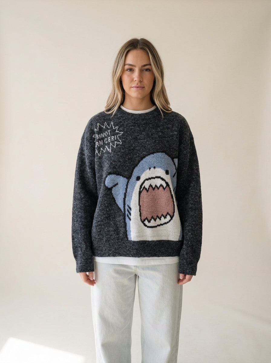 Oversized Shark Knit Turtleneck Sweater in black, worn
