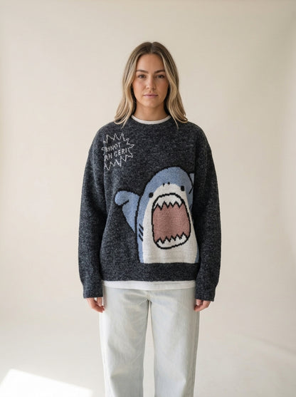 Oversized Shark Knit Turtleneck Sweater in black, worn