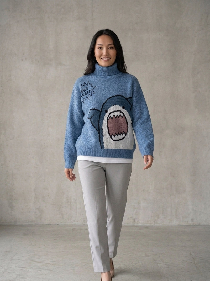 Oversized Shark Knit Turtleneck Sweater in Turtleneck Blue, worn