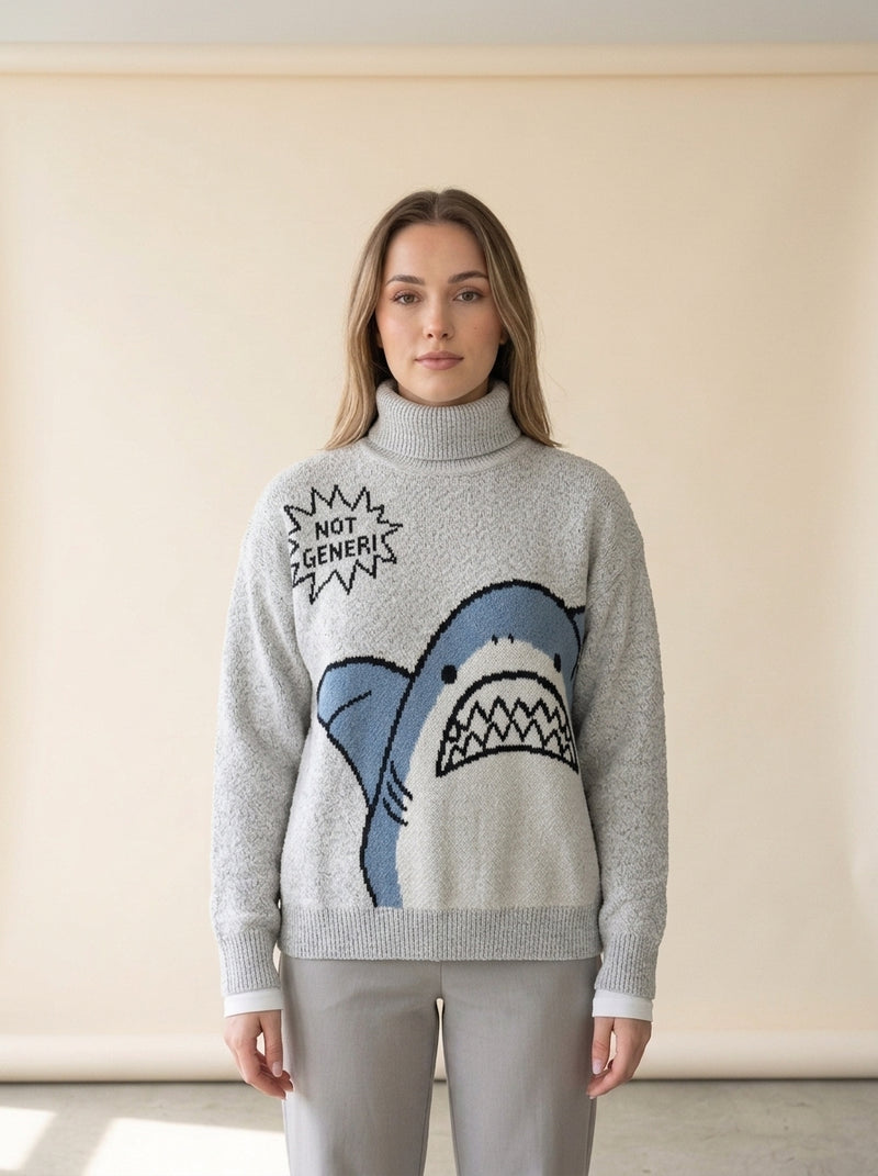 Oversized Shark Knit Turtleneck Sweater in Turtleneck Gray, worn