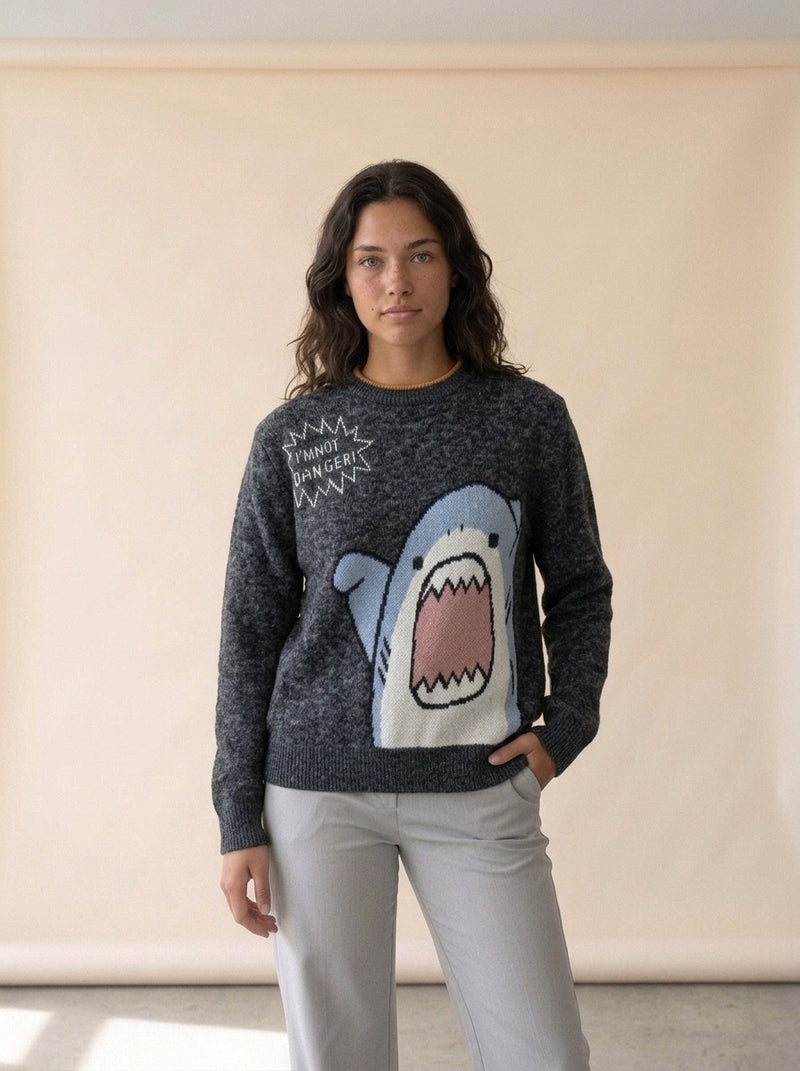Oversized Shark Knit Turtleneck Sweater in Black, worn