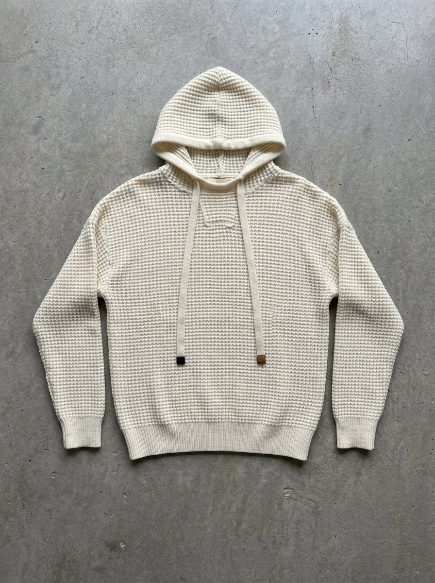 Waffle Knit Hooded Sweater in White Sweater
