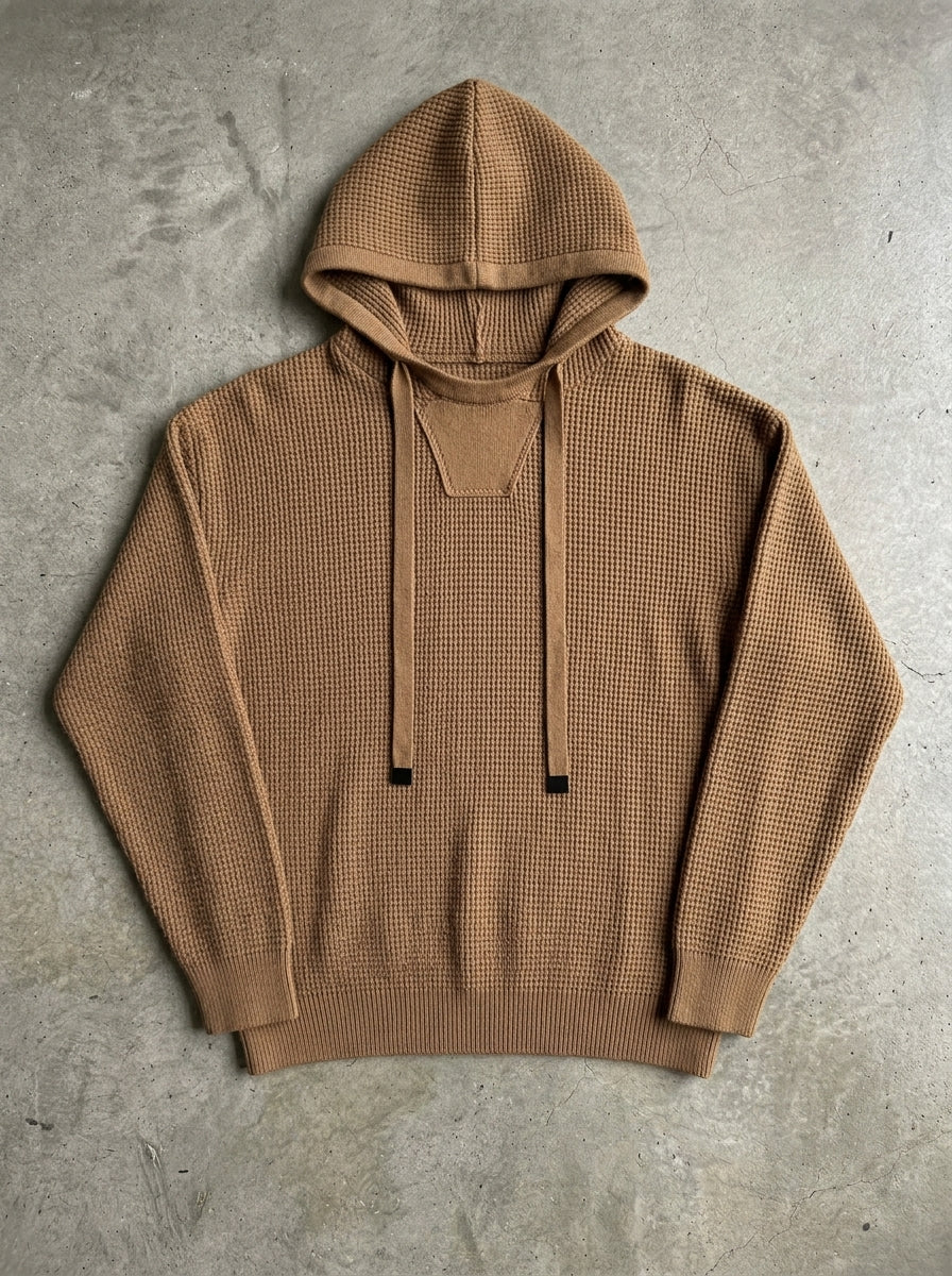 Waffle Knit Hooded Sweater in Camel Sweater
