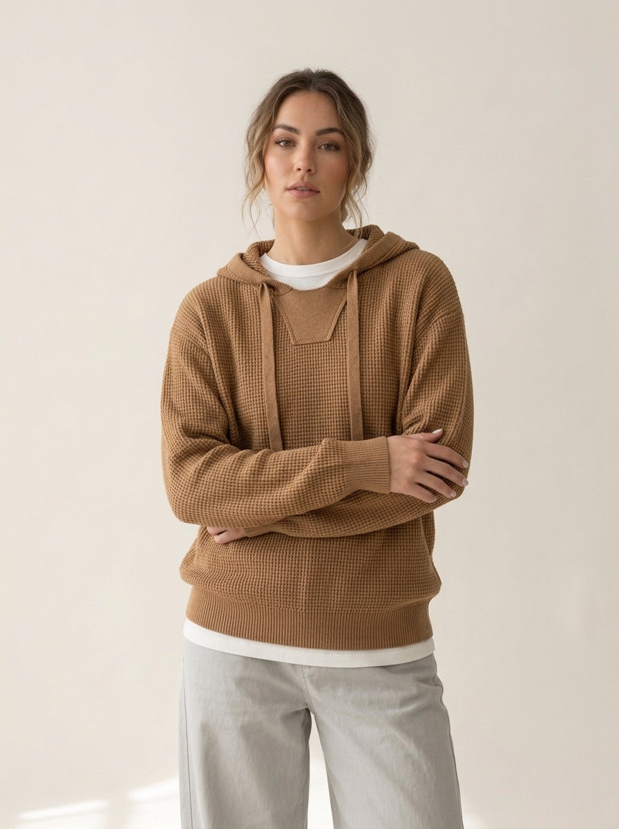 Waffle Knit Hooded Sweater in Camel Sweater, worn