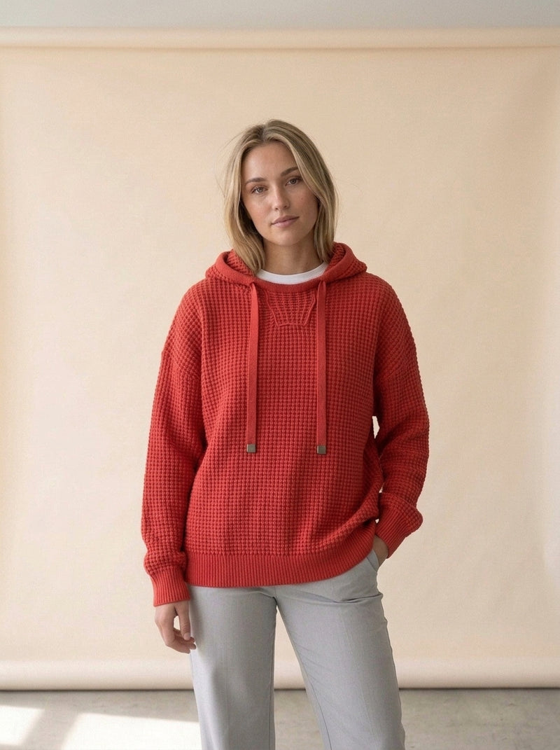 Waffle Knit Hooded Sweater in Red Sweater, worn