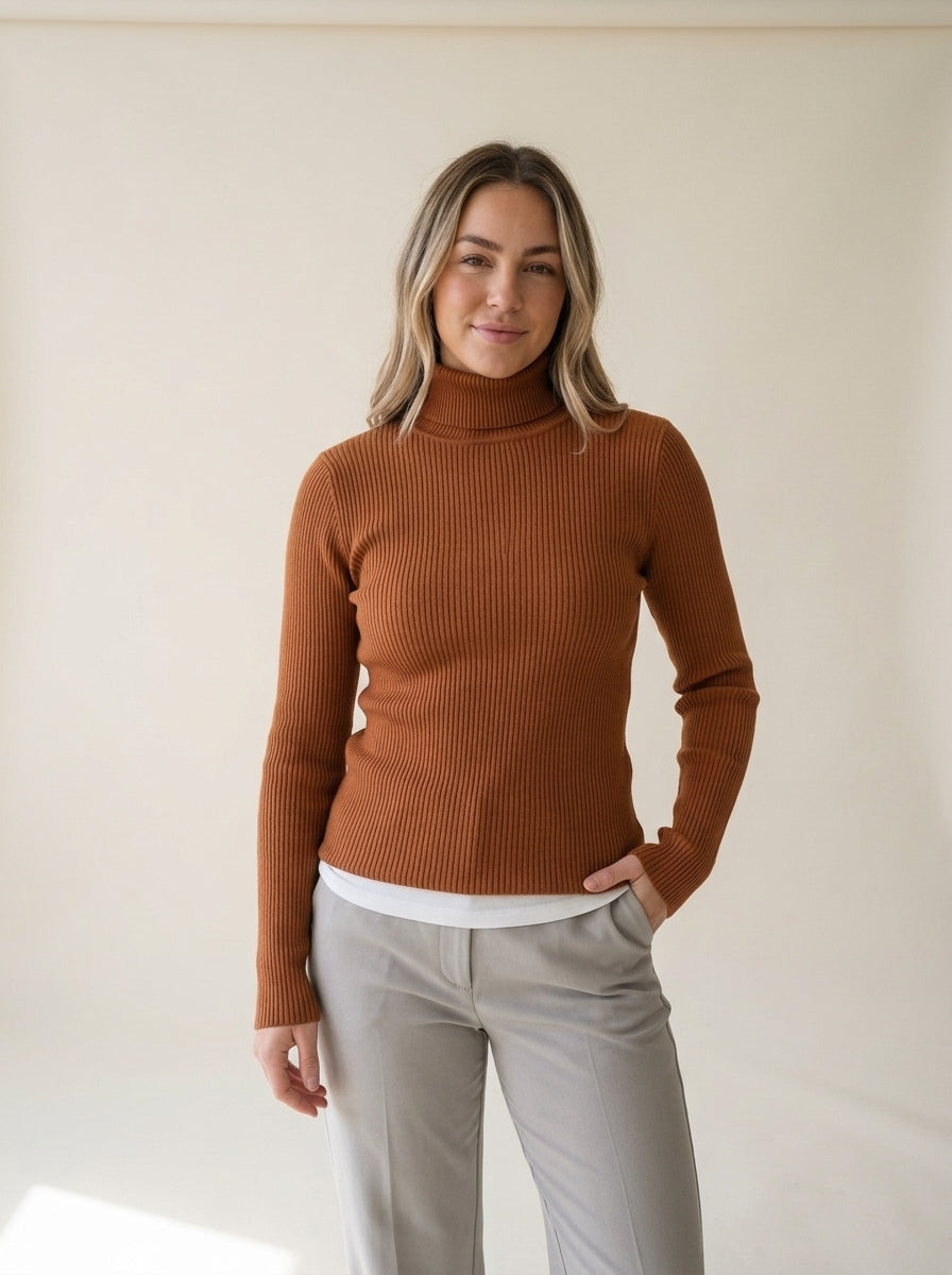 Slim Knit Turtleneck Sweater in Brown, worn
