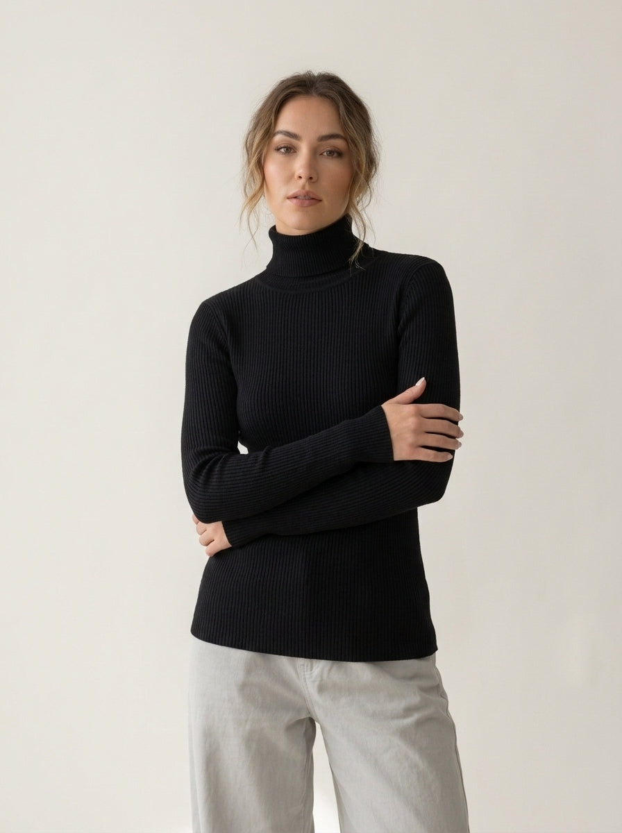 Slim Knit Turtleneck Sweater in black, worn
