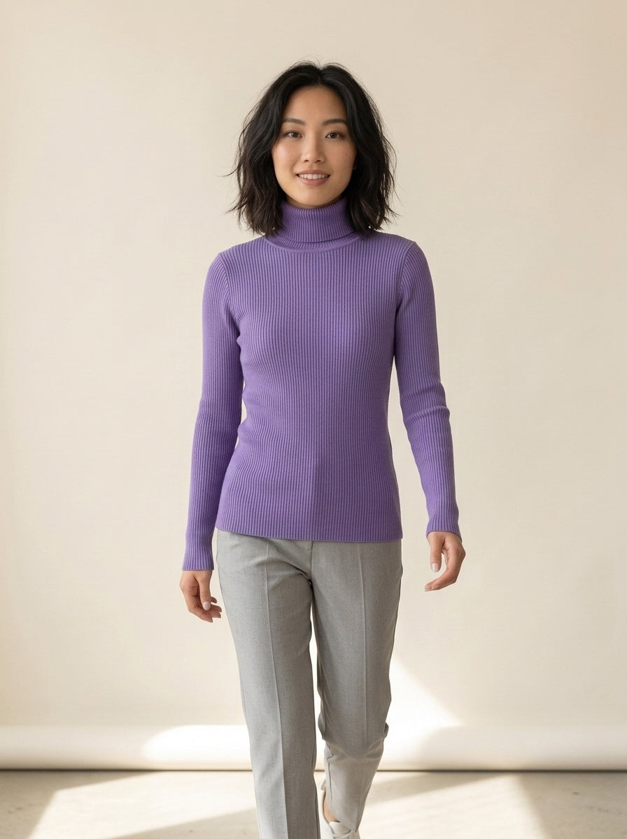 Slim Knit Turtleneck Sweater in PURPLE, worn