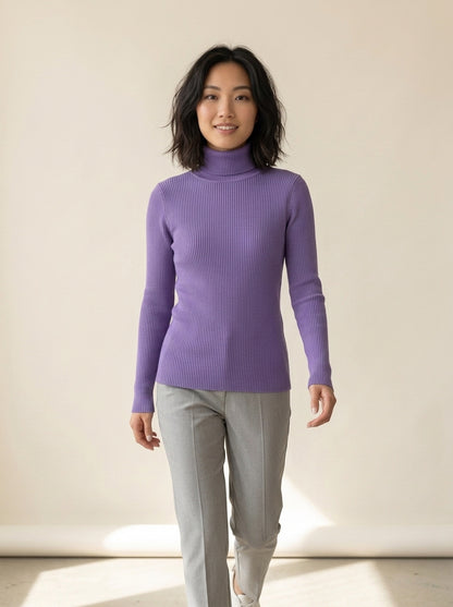 Slim Knit Turtleneck Sweater in PURPLE, worn