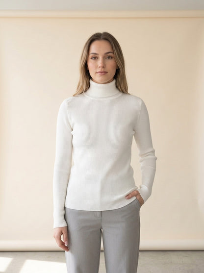 Slim Knit Turtleneck Sweater in WHITE, worn