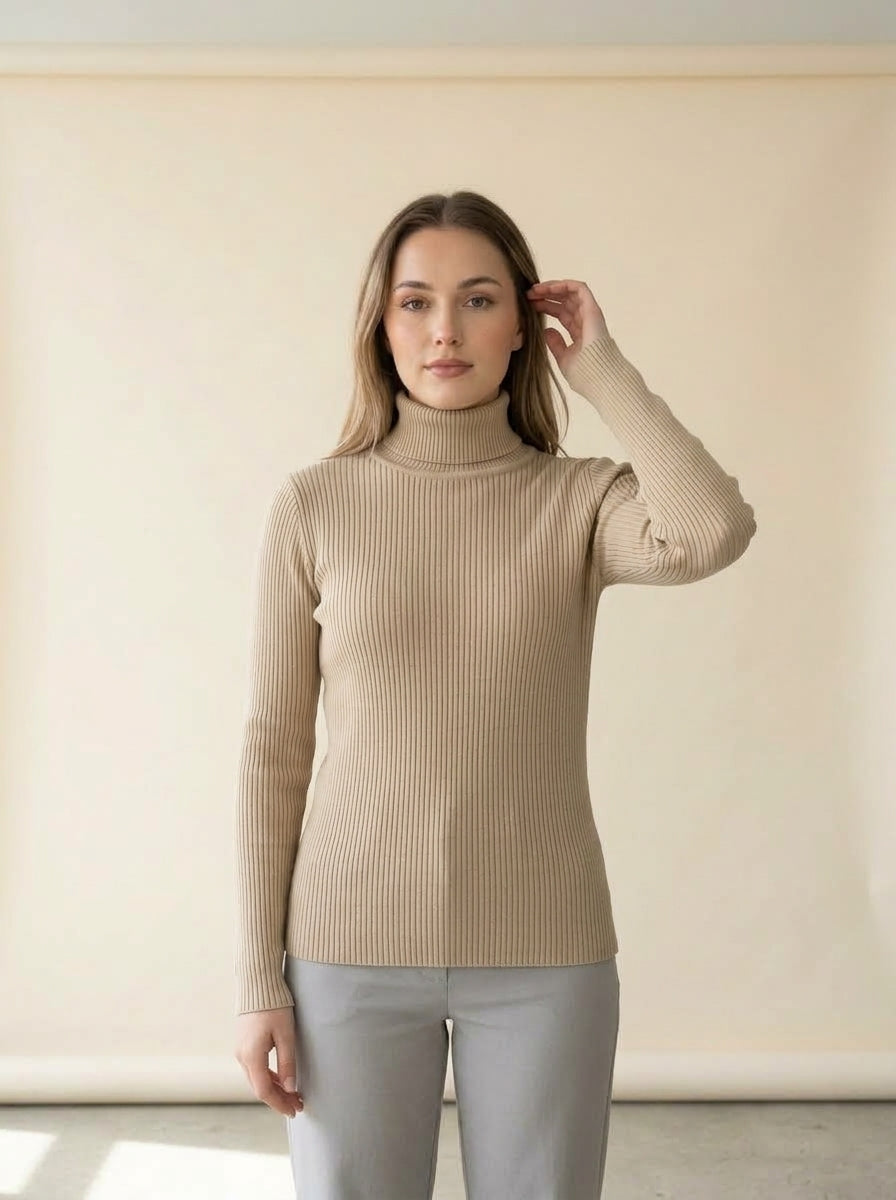 Slim Knit Turtleneck Sweater in Khaki, worn