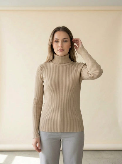 Slim Knit Turtleneck Sweater in Khaki, worn