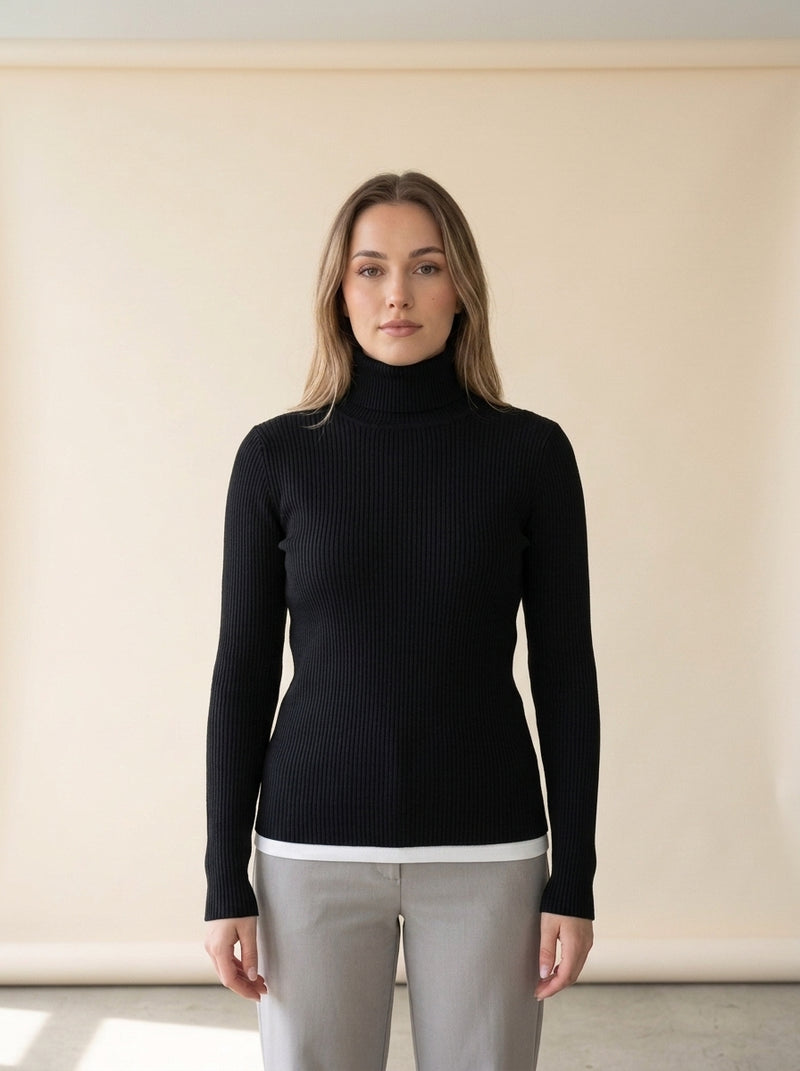 Slim Knit Turtleneck Sweater in Black, worn