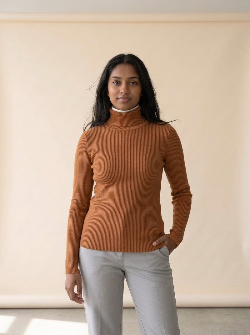 Slim Knit Turtleneck Sweater in Brown, worn