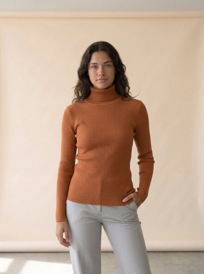 Slim Knit Turtleneck Sweater in Brown, worn