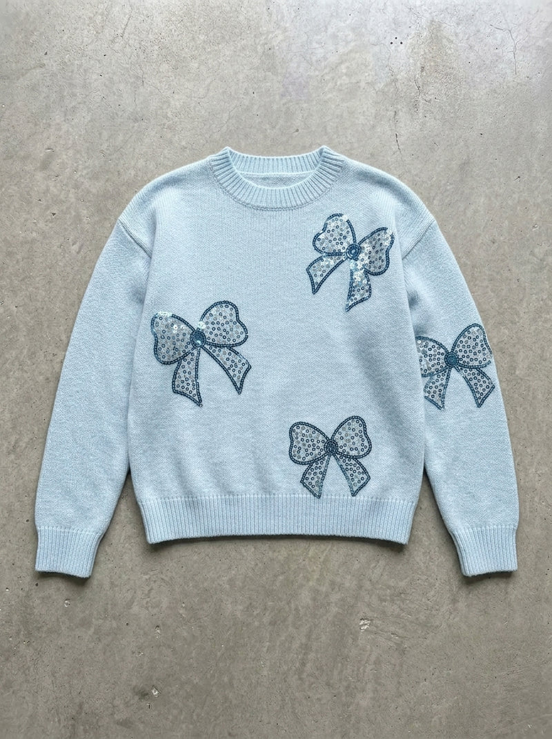Sequin Bow Crew Neck Sweater in Light  Blue