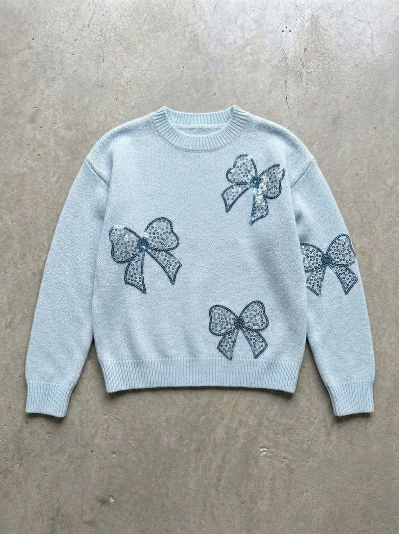 Sequin Bow Crew Neck Sweater in Light Blue