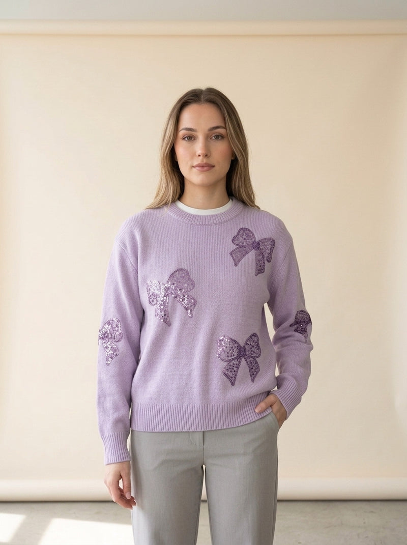 Sequin Bow Crew Neck Sweater in Lavender, worn