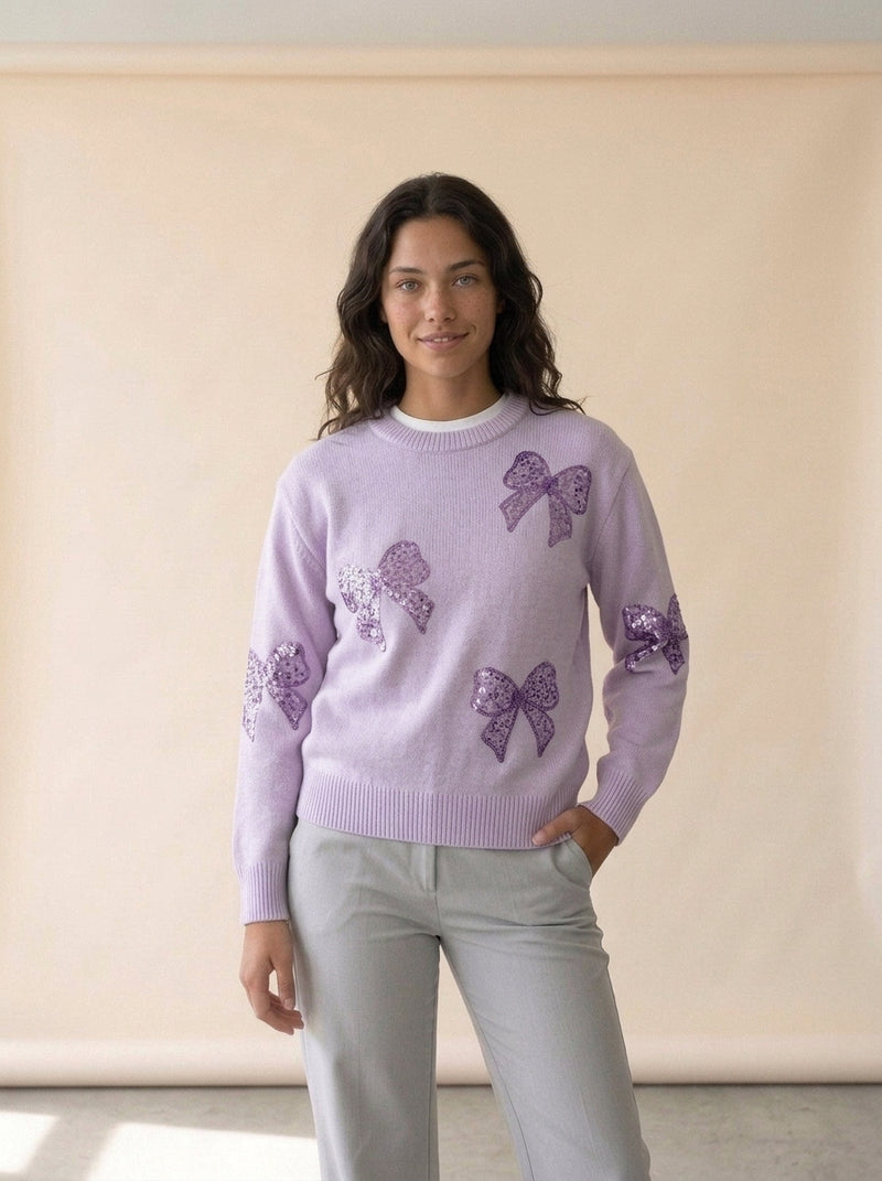 Sequin Bow Crew Neck Sweater in Lavender, worn