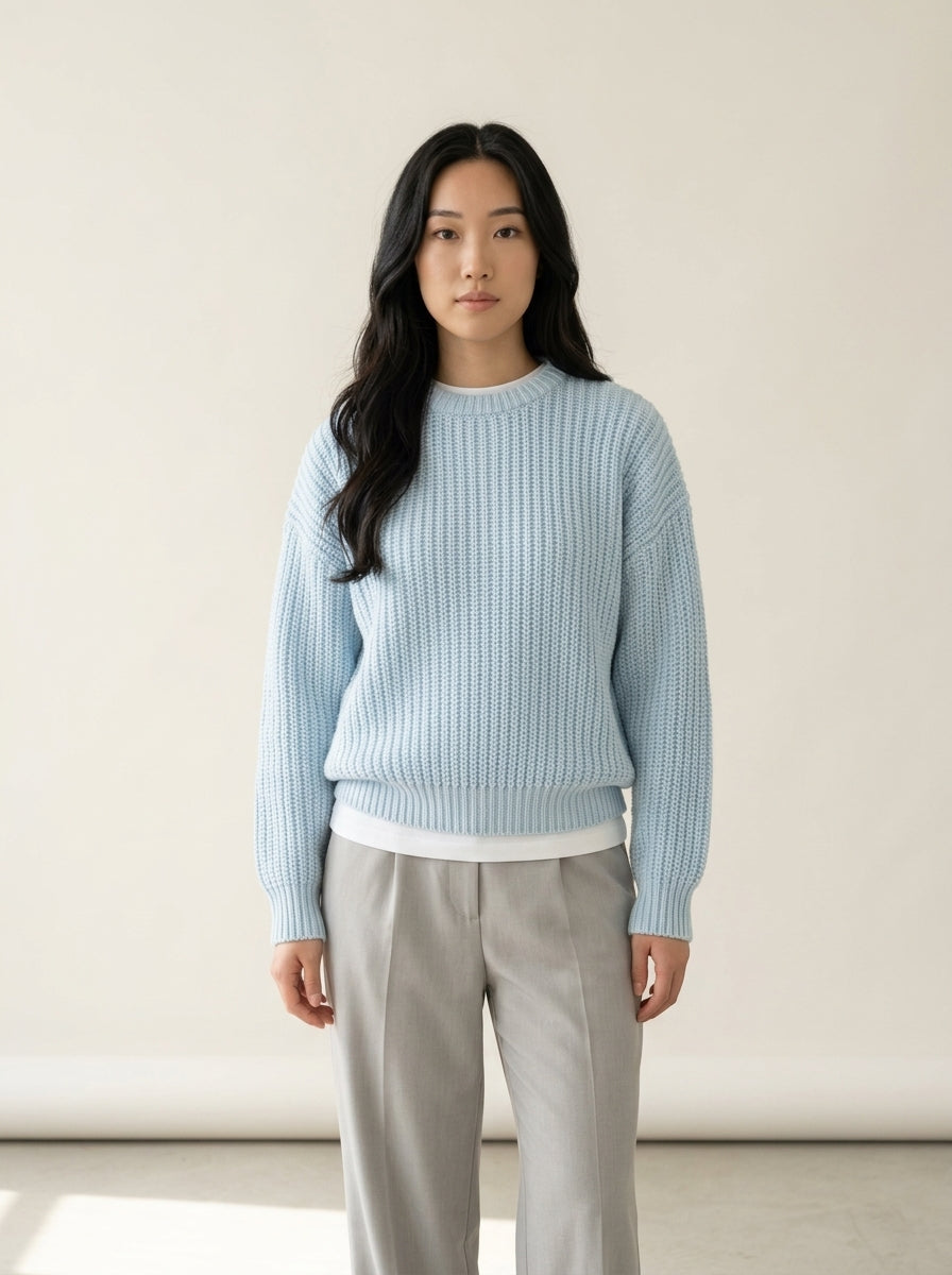 Easy Loose Crew Neck Sweater in as shown, worn