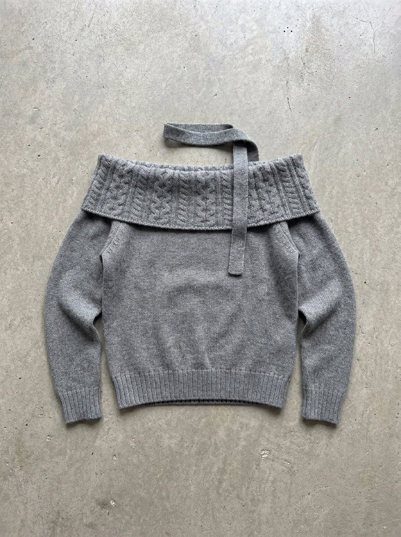 Off-Shoulder Cable Knit Sweater With Neck Tie in Gray