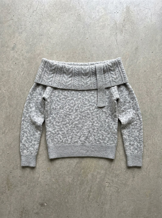 Off-Shoulder Cable Knit Sweater With Neck Tie in Gray