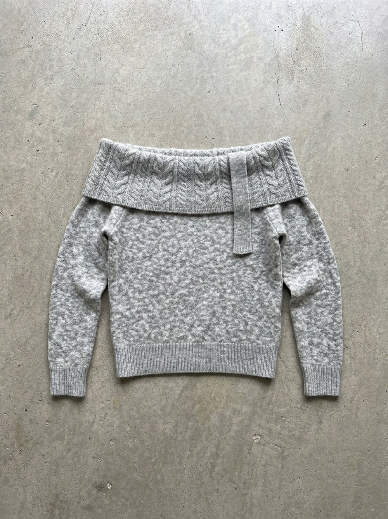 Off-Shoulder Cable Knit Sweater With Neck Tie in Gray