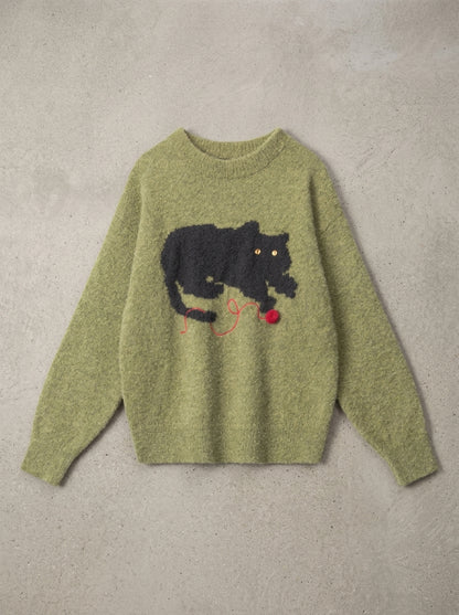 Lazy Day Cat Knit Sweater in green