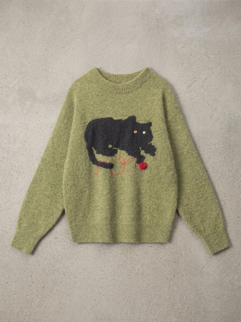 Lazy Day Cat Knit Sweater in green