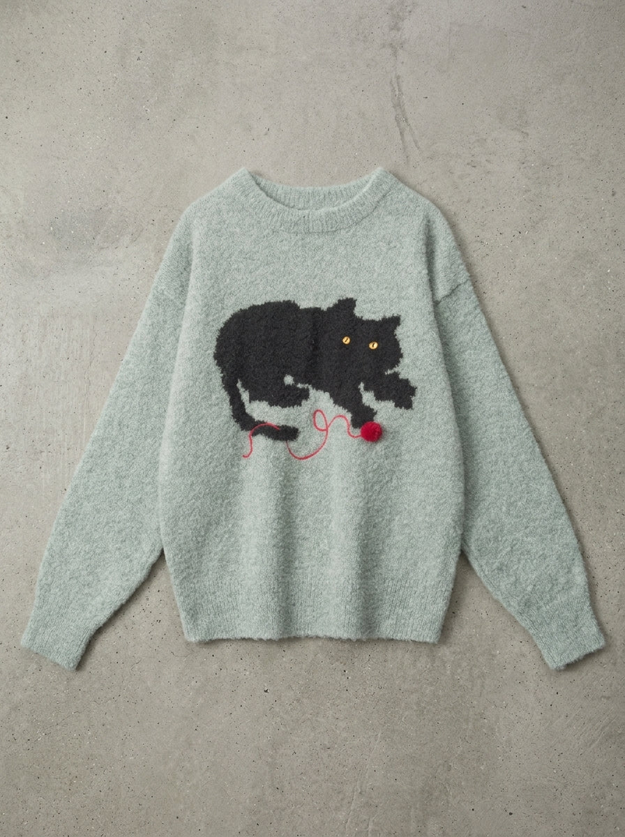 Lazy Day Cat Knit Sweater in GRAY
