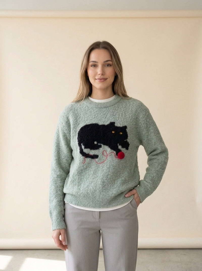 Lazy Day Cat Knit Sweater in Green, worn