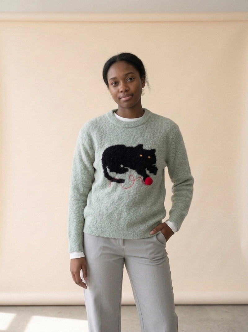 Lazy Day Cat Knit Sweater in GRAY, worn