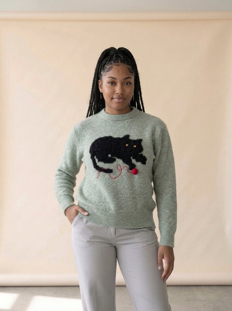 Lazy Day Cat Knit Sweater in GRAY, worn