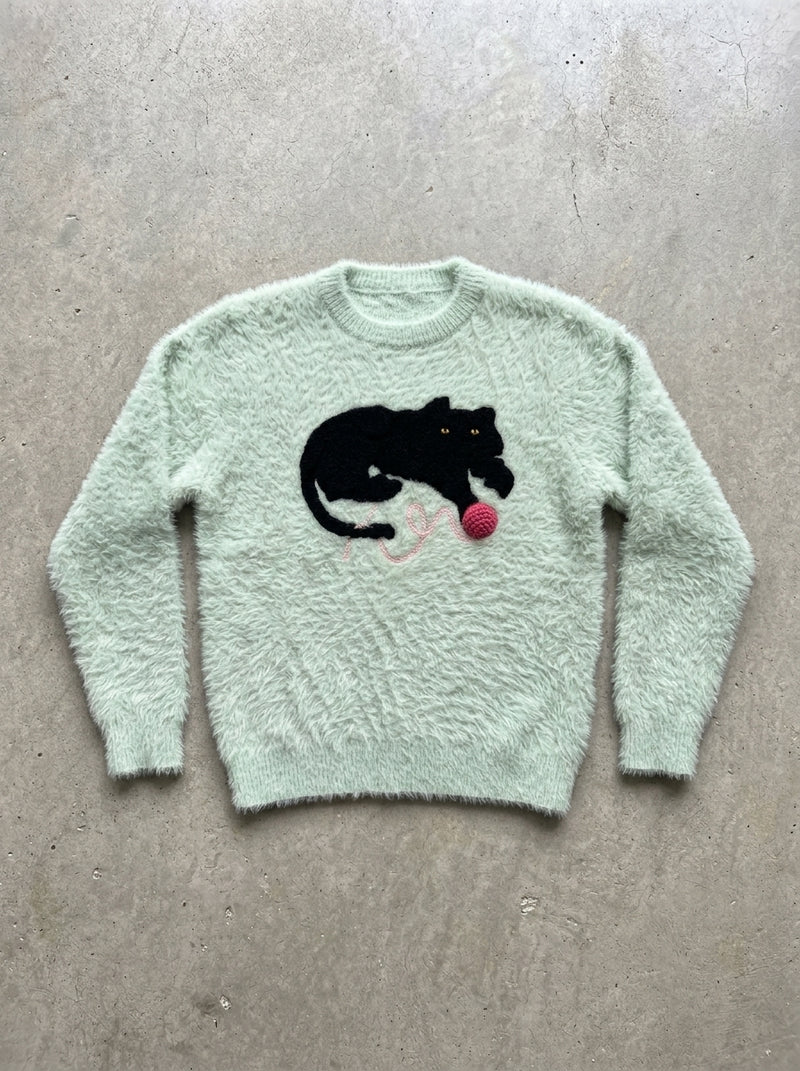 Lazy Day Cat Knit Sweater in Green