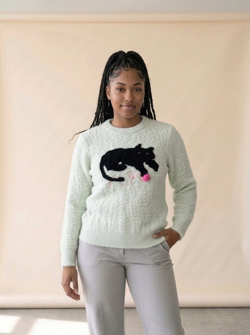 Lazy Day Cat Knit Sweater in GRAY, worn