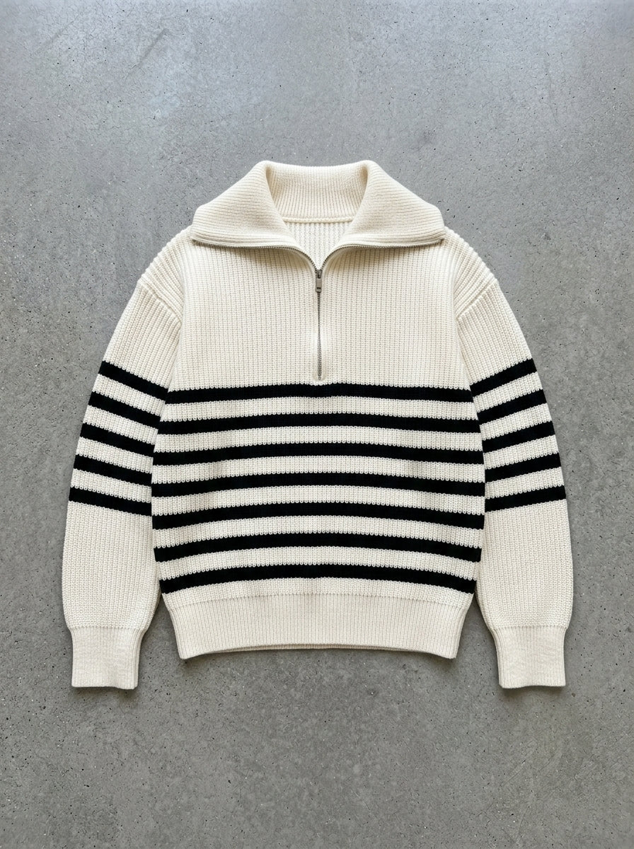 Retro Striped Half-Zip Collar Sweater in Creamy-white sweater