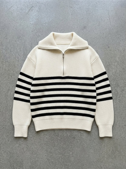 Retro Striped Half-Zip Collar Sweater in Creamy-white sweater