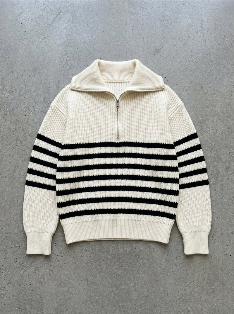 Retro Striped Half-Zip Collar Sweater in Creamy-white sweater