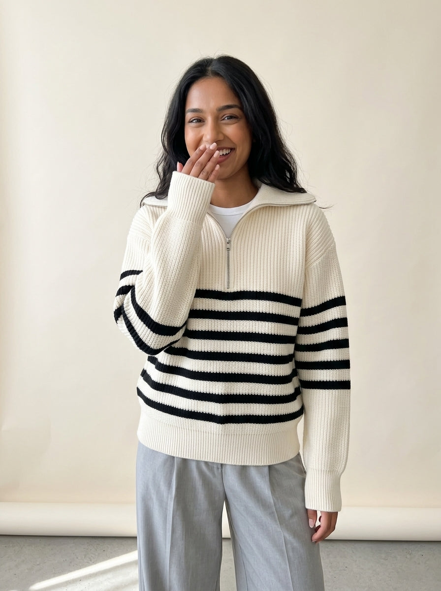 Retro Striped Half-Zip Collar Sweater in Creamy-white sweater, worn