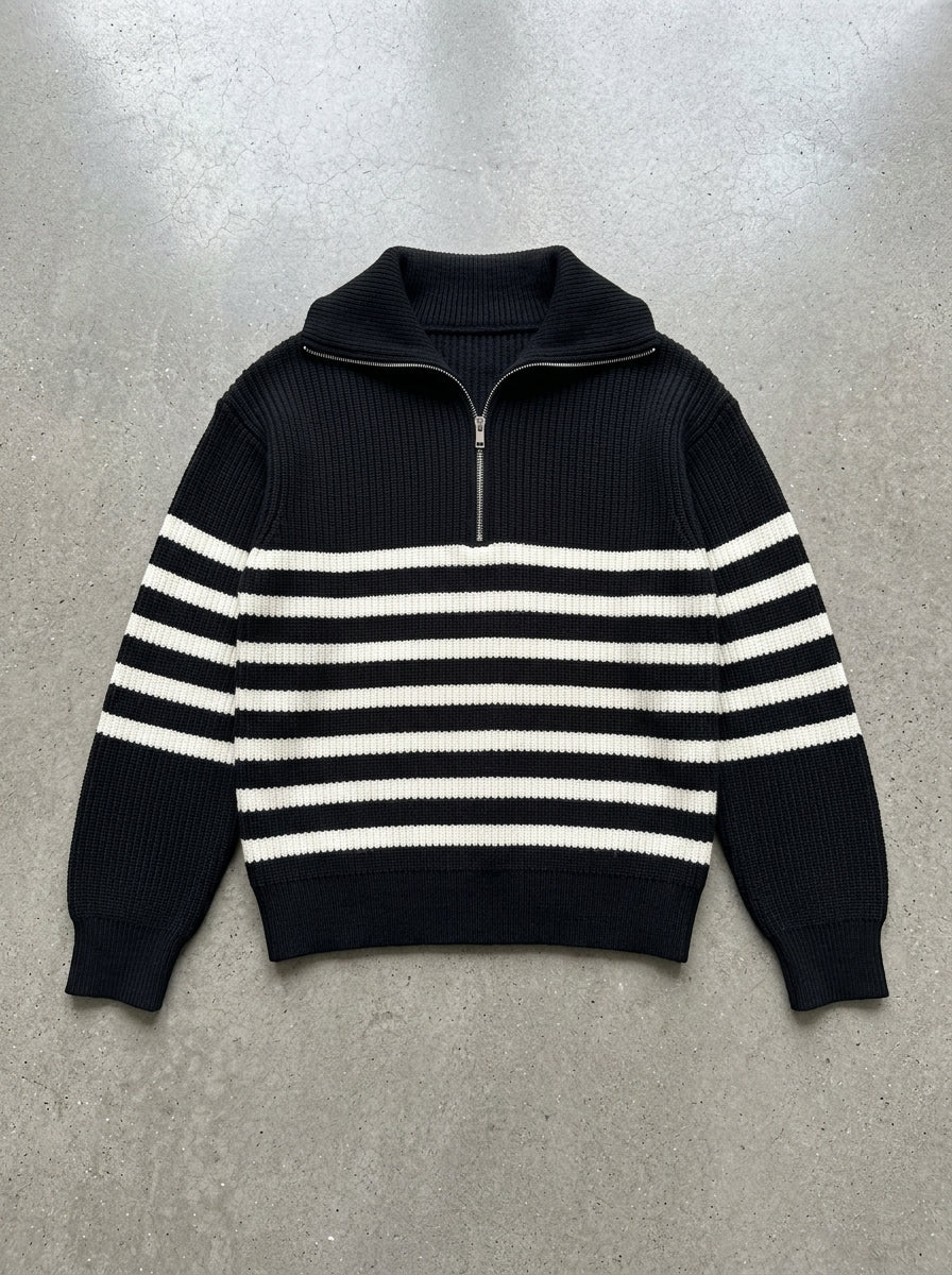 Retro Striped Half-Zip Collar Sweater in Black sweater