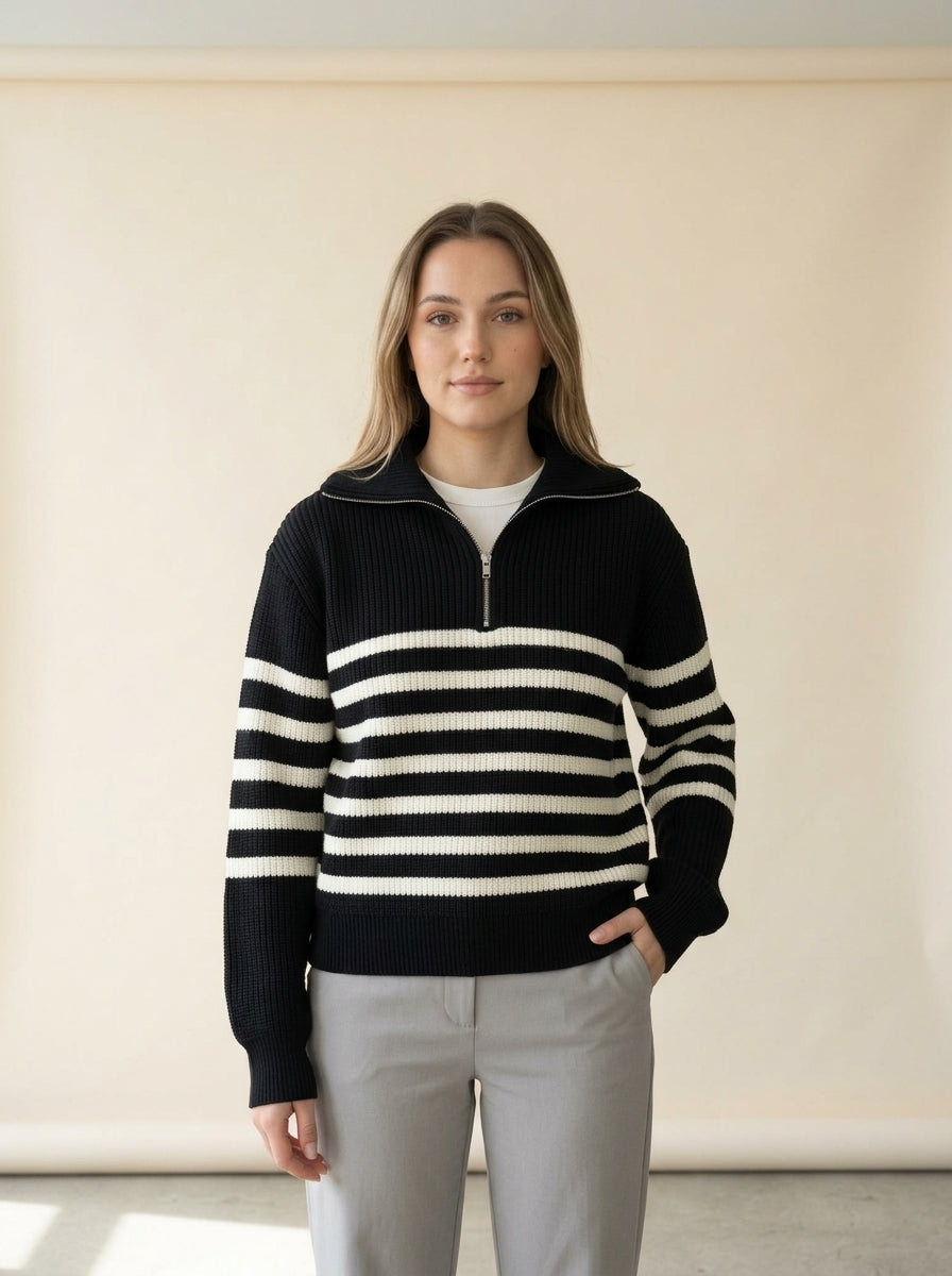 Retro Striped Half-Zip Collar Sweater in Black sweater, worn