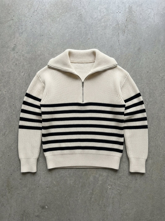 Retro Striped Half-Zip Collar Sweater in Creamy-White Sweater