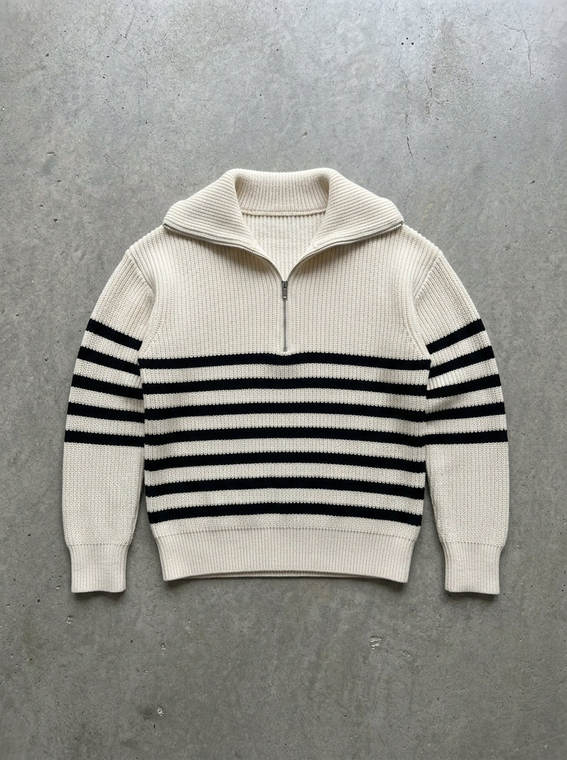 Retro Striped Half-Zip Collar Sweater in Creamy-White Sweater