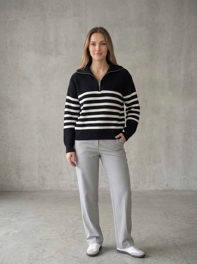 Retro Striped Half-Zip Collar Sweater in Black Sweater, worn